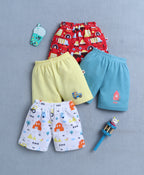 Bumzee Yellow & Teal Blue Graphic Print Shorts, Pack of 4, 100% Cotton