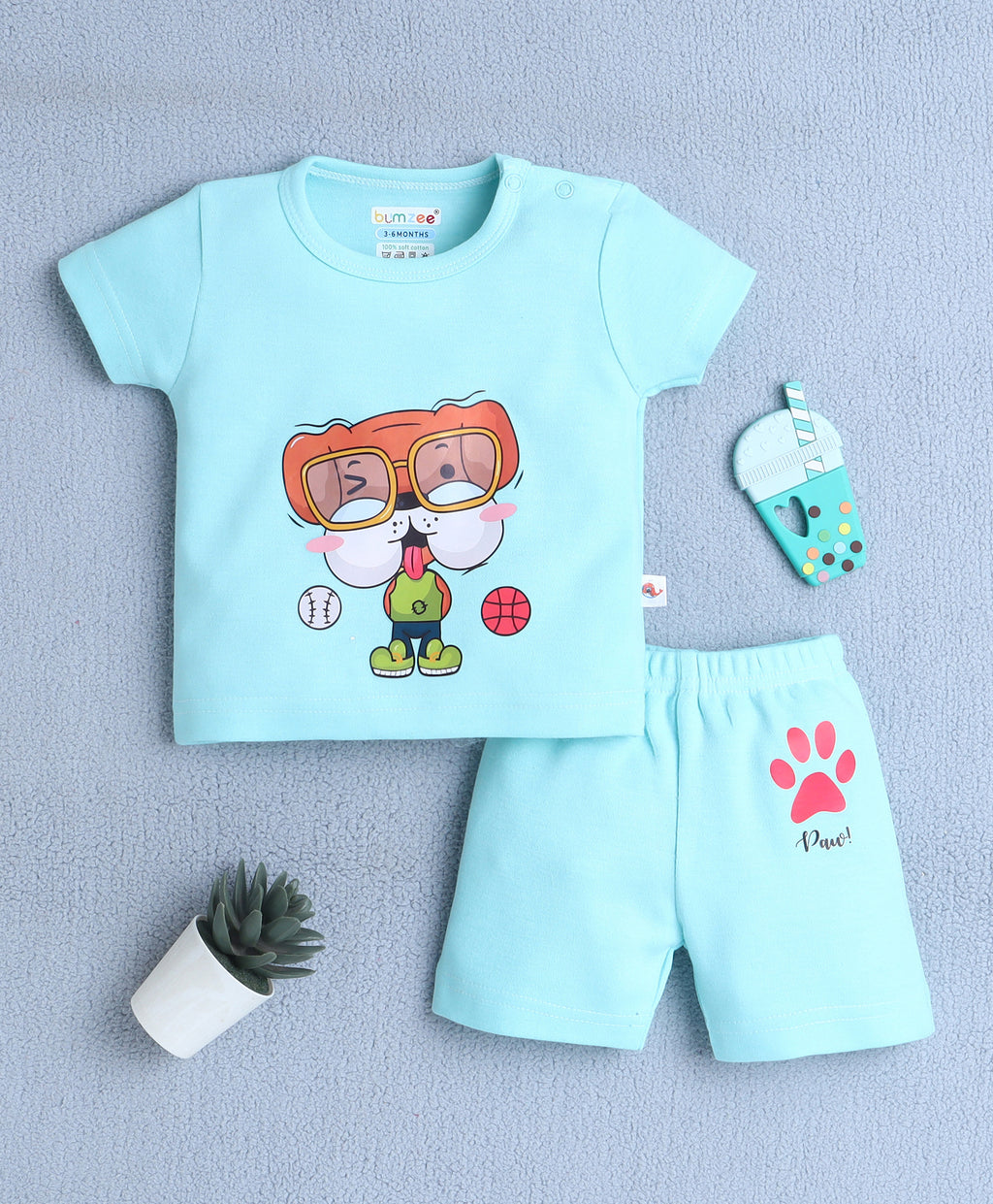 Bumzee Mint Green Animal Print T-Shirt & Short Set, Half Sleeves, 100% Cotton (Style Peb10618)