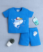 Bumzee Royal Blue Animal Print T-Shirt & Short Set, Half Sleeves, 100% Cotton