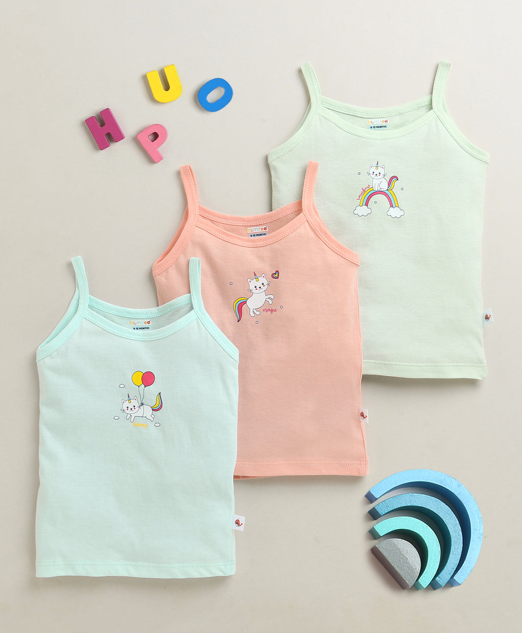 Bumzee Peach & Mint Green Slips, Pack of 3, Sleeveless, 100% Cotton (Style Peb10645)