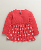 Bumzee Pink Floral Print Frock, Full Sleeves, 100% Cotton, Knee Length (Style Peb10667)