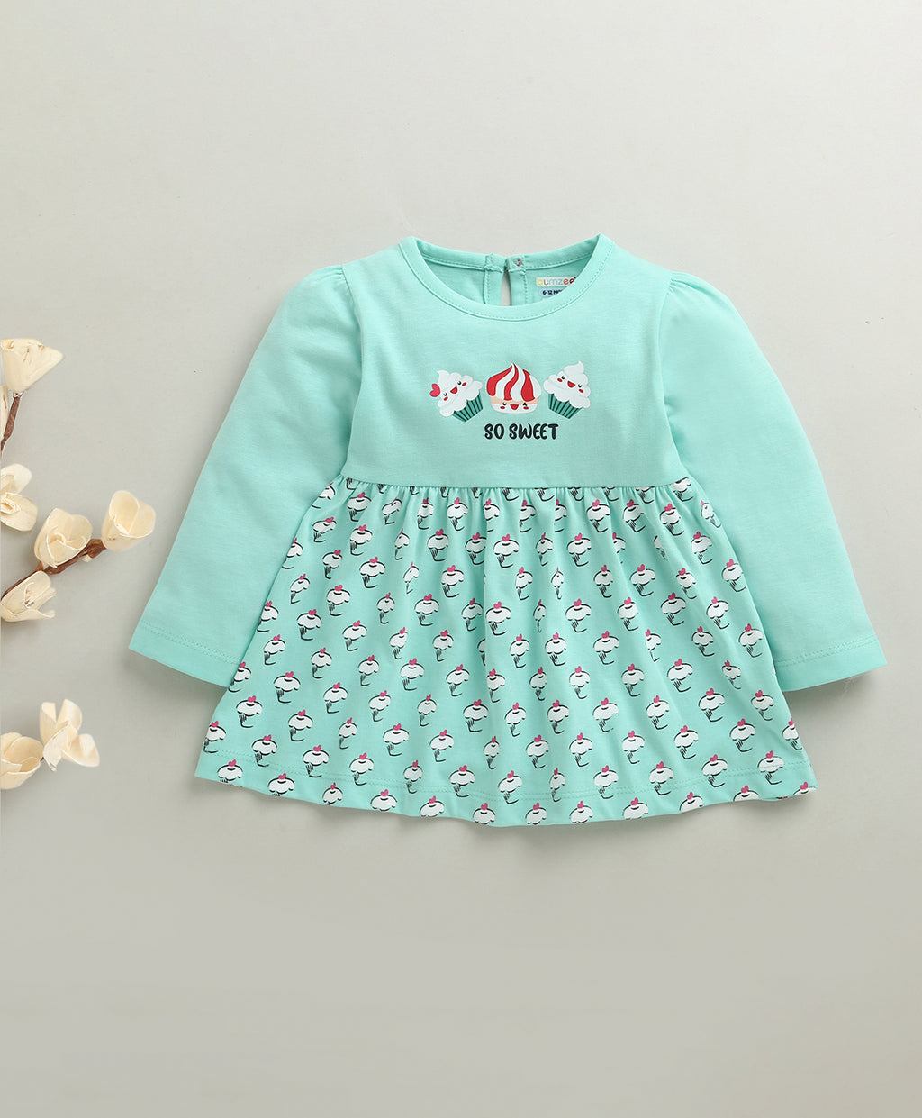 Bumzee Mint Green Graphic Print Frock, Full Sleeves, 100% Cotton