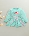 Bumzee Mint Green Graphic Print Frock, Full Sleeves, 100% Cotton