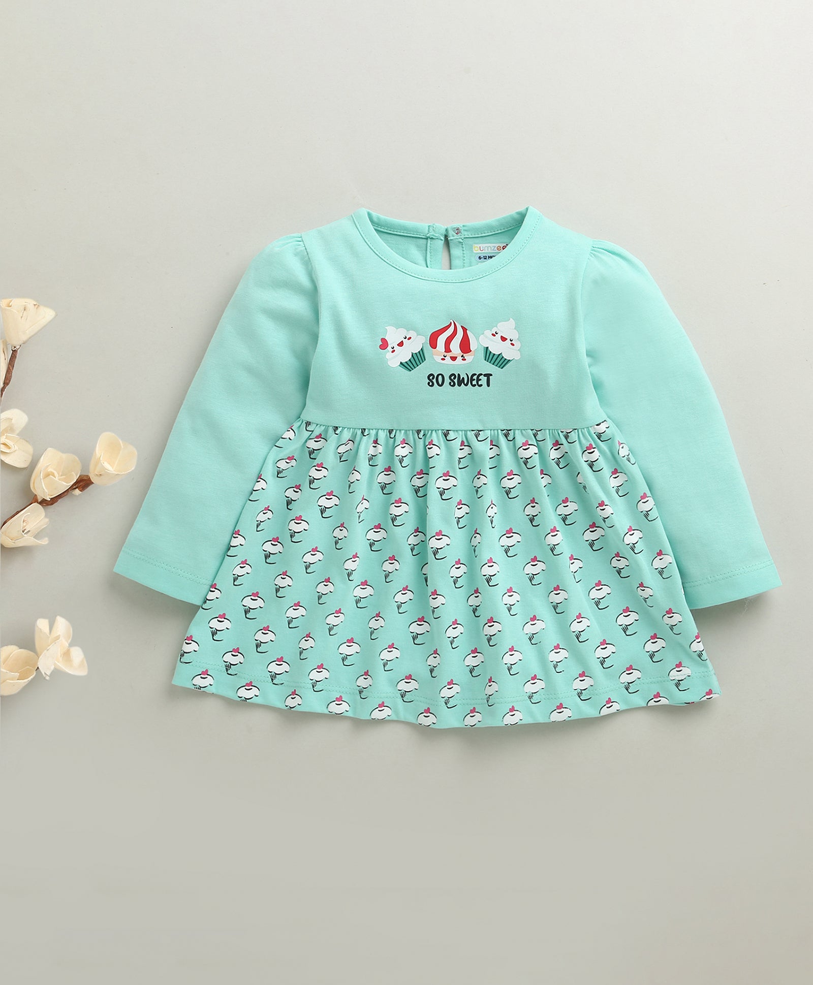 Mint Green Girls Full Sleeves Cotton Knee Length Frock