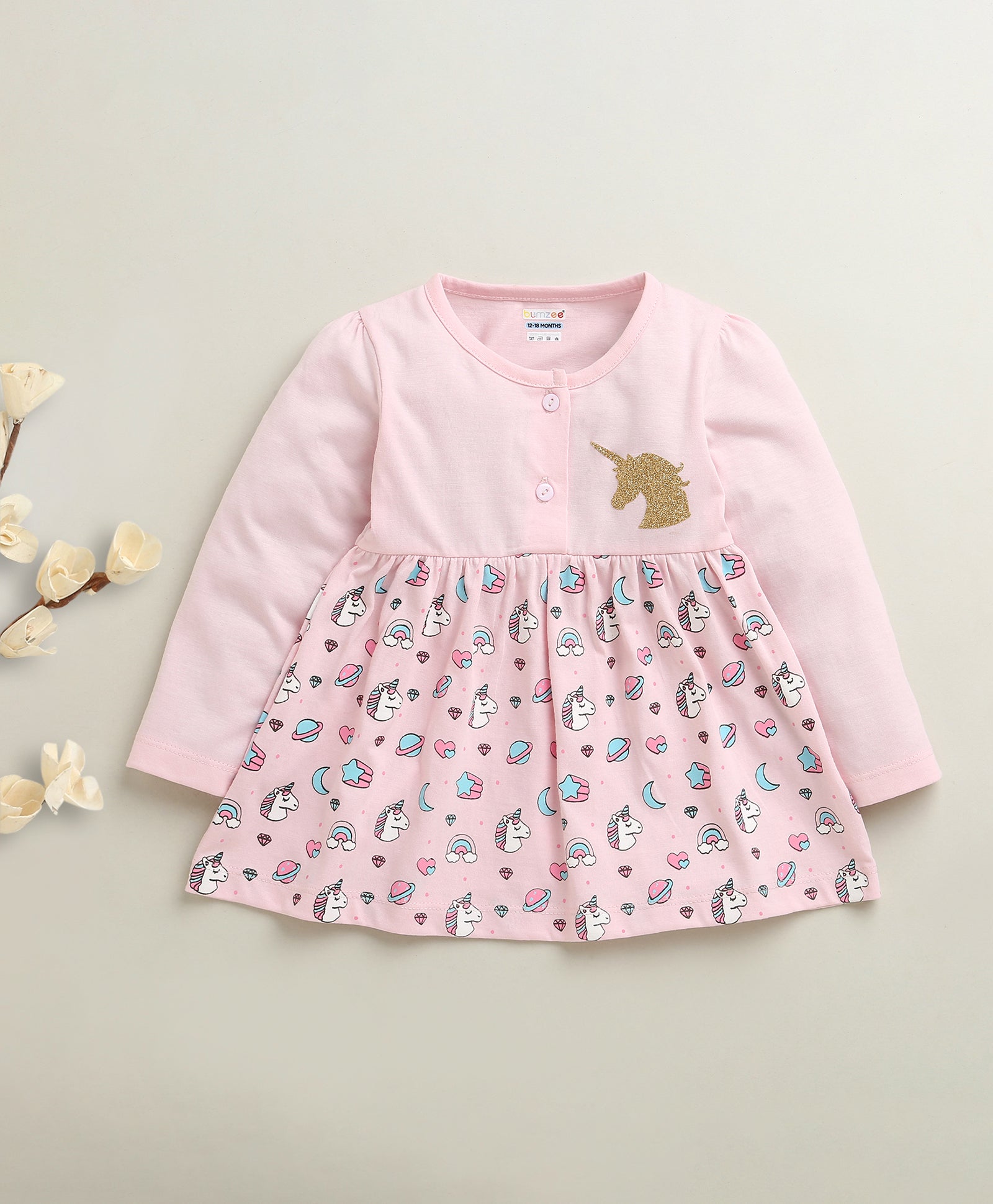 Pink Girls Full Sleeves Cotton Knee Length Frock