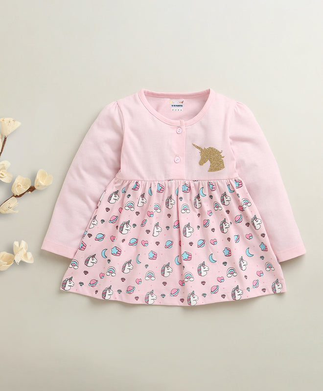 Pink Girls Full Sleeves Cotton Knee Length Frock
