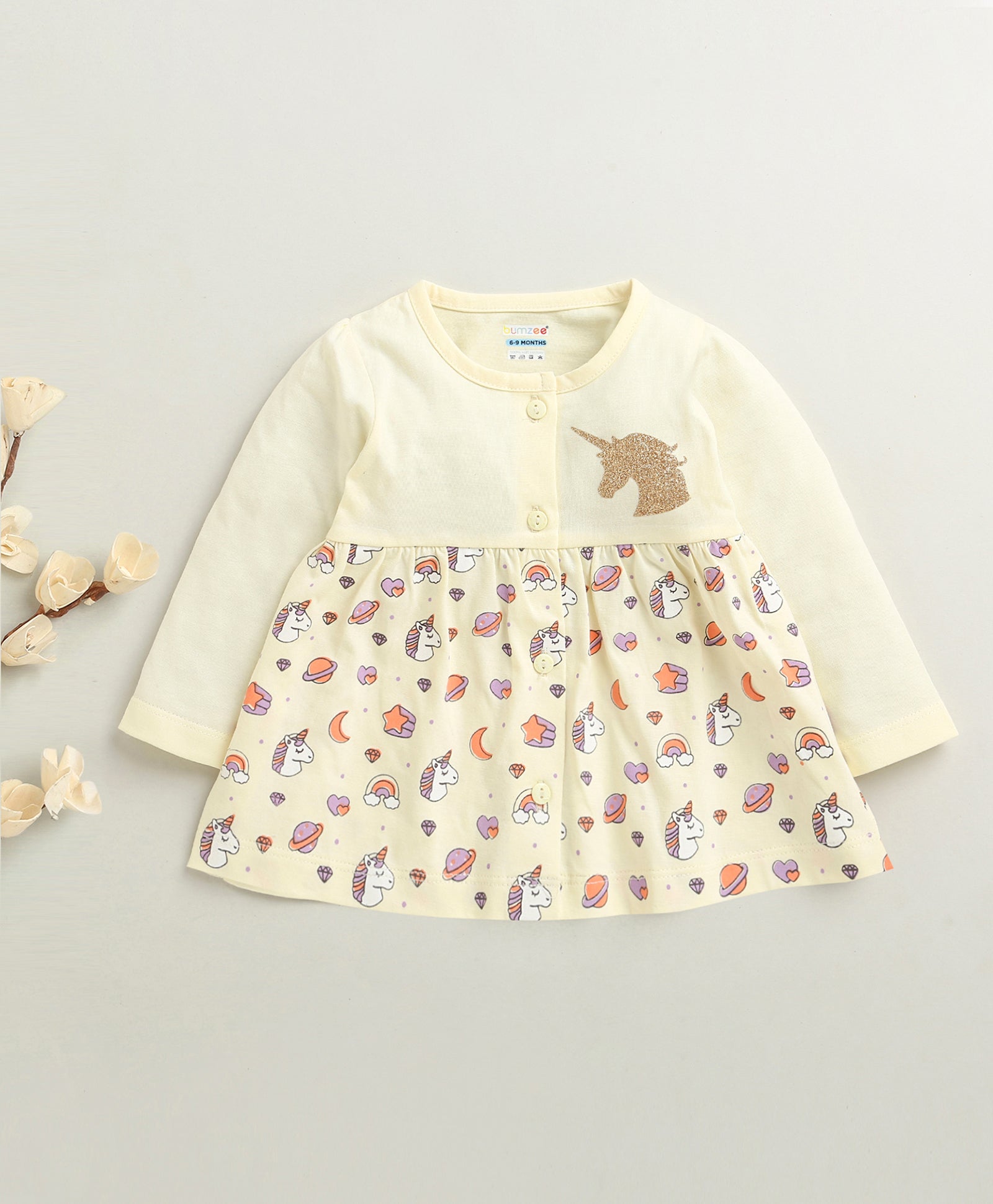 Cream Girls Full Sleeves Cotton Knee Length Frock