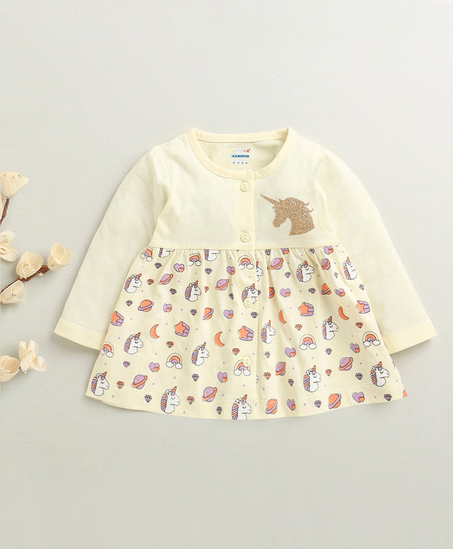 Cream Girls Full Sleeves Cotton Knee Length Frock