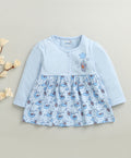 Bumzee Sky Blue Animal Print Frock, Full Sleeves, 100% Cotton