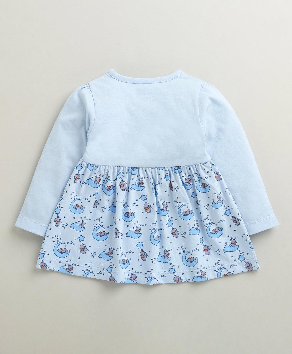 Bumzee Sky Blue Animal Print Frock, Full Sleeves, 100% Cotton