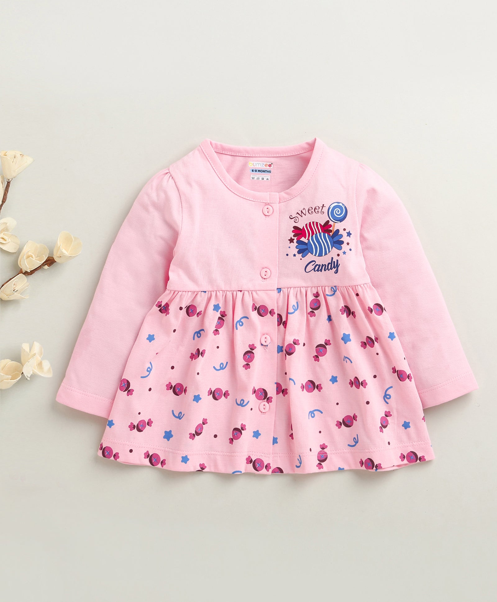 Pink Girls Full Sleeves Cotton Knee Length Frock