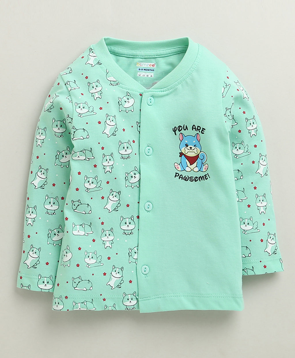 Bumzee Mint Green Animal Print Jabla & Pyjama Set, Full Sleeves, 100% Cotton (Style Peb10679)