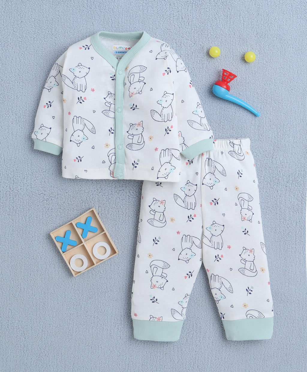 Bumzee Off White Animal Print Jabla & Pyjama Set, Full Sleeves, 100% Cotton