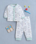 Bumzee Off White Animal Print Jabla & Pyjama Set, Full Sleeves, 100% Cotton