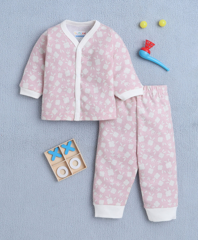 Girls 100% Cotton Floral Jabla & Pyjama Set - Pink