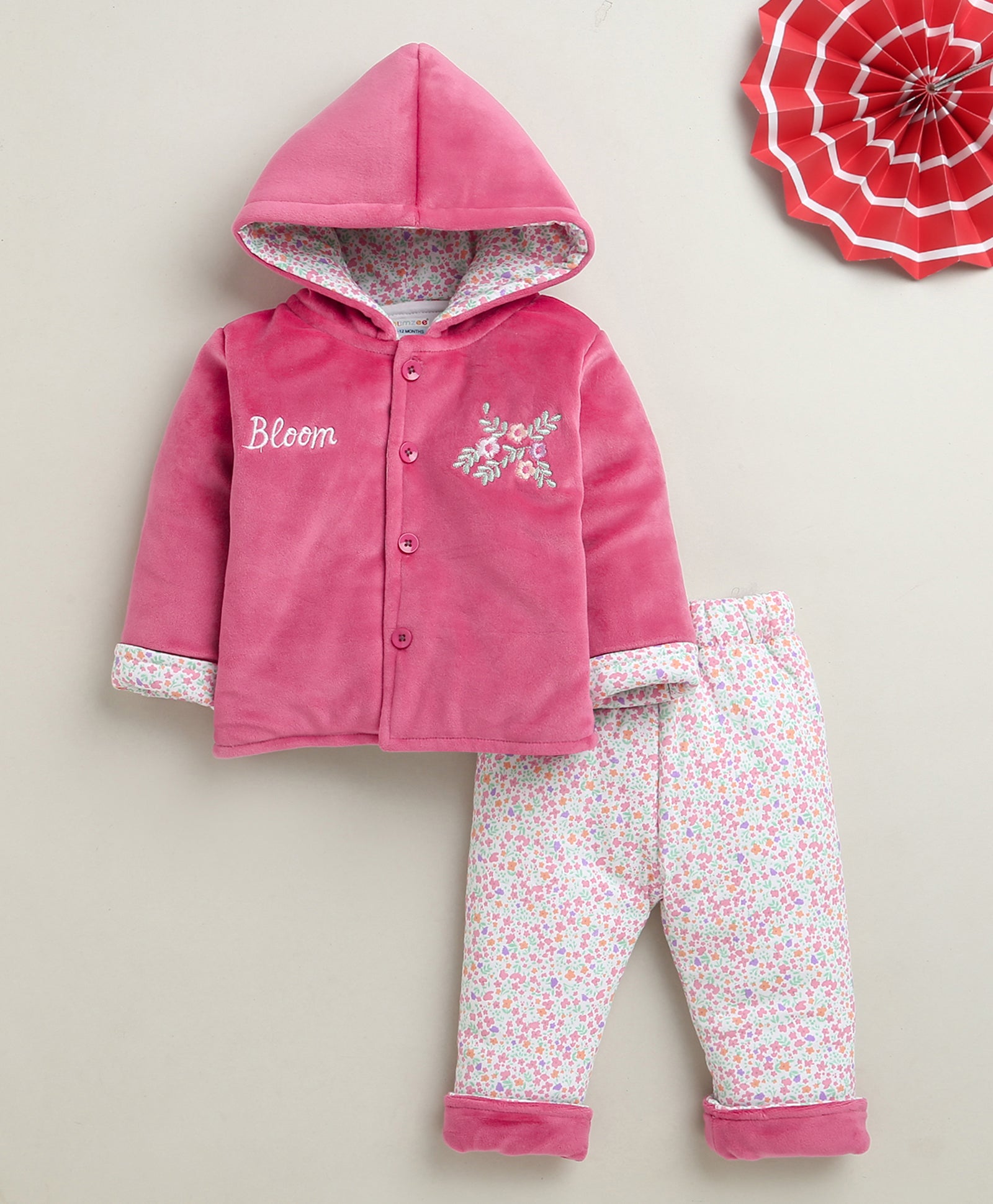 Pink & White Girls Full Sleeves Cotton Blend Winter Wear Set