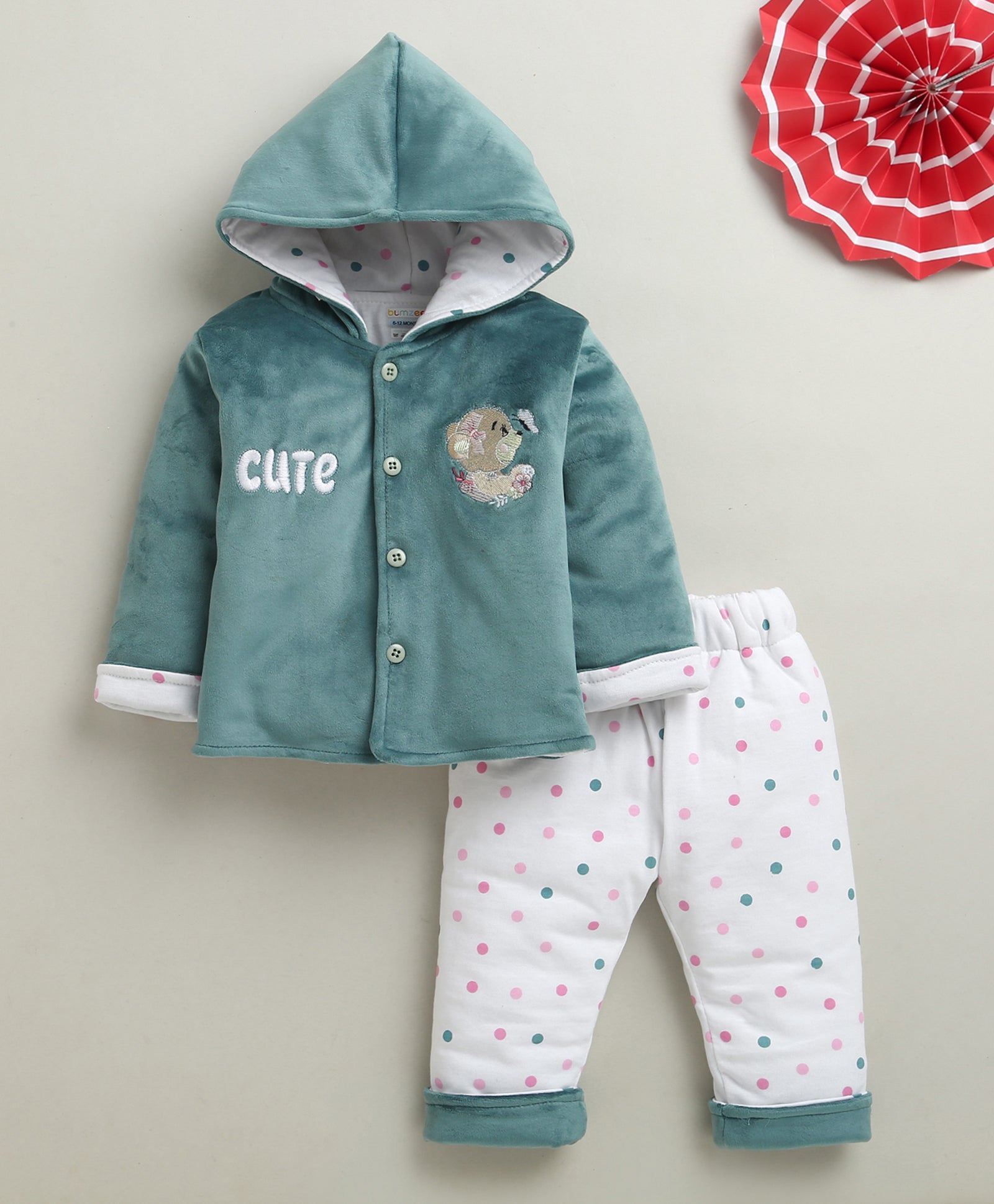 Teal & White Girls Full Sleeves Cotton Blend Winter Wear Set