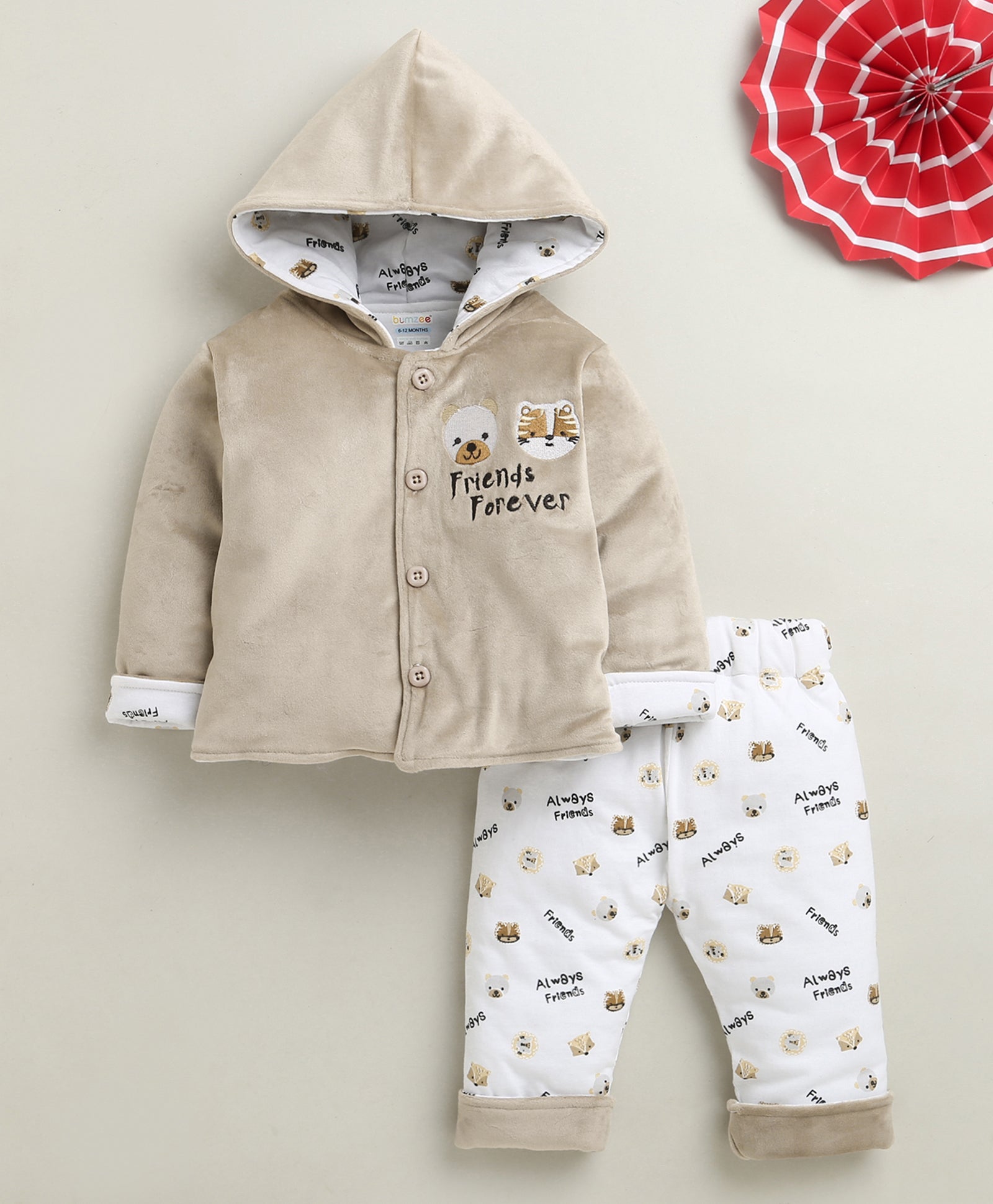 Beige & White Boys Full Sleeves Cotton Blend Winter Wear Set