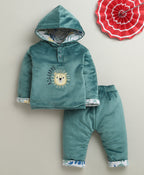Bumzee Teal Green Embroidered Winter Set, Full Sleeves, Cotton Blend