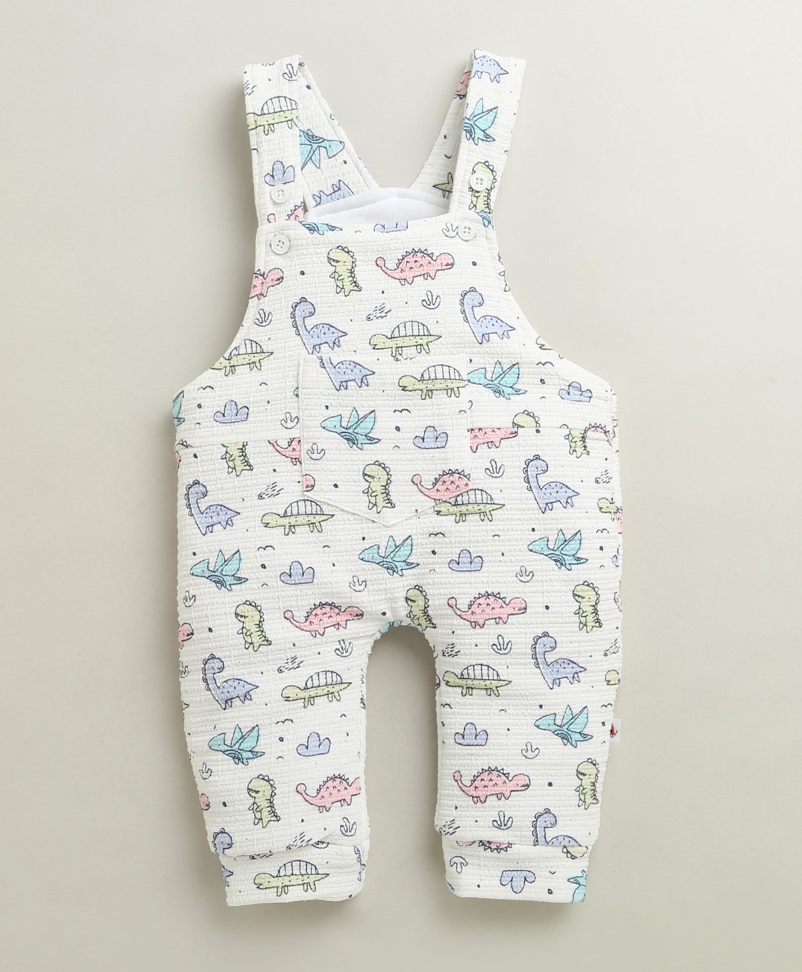 White & Green Boys Full Sleeves Poly Blend Dungaree Set / Romper