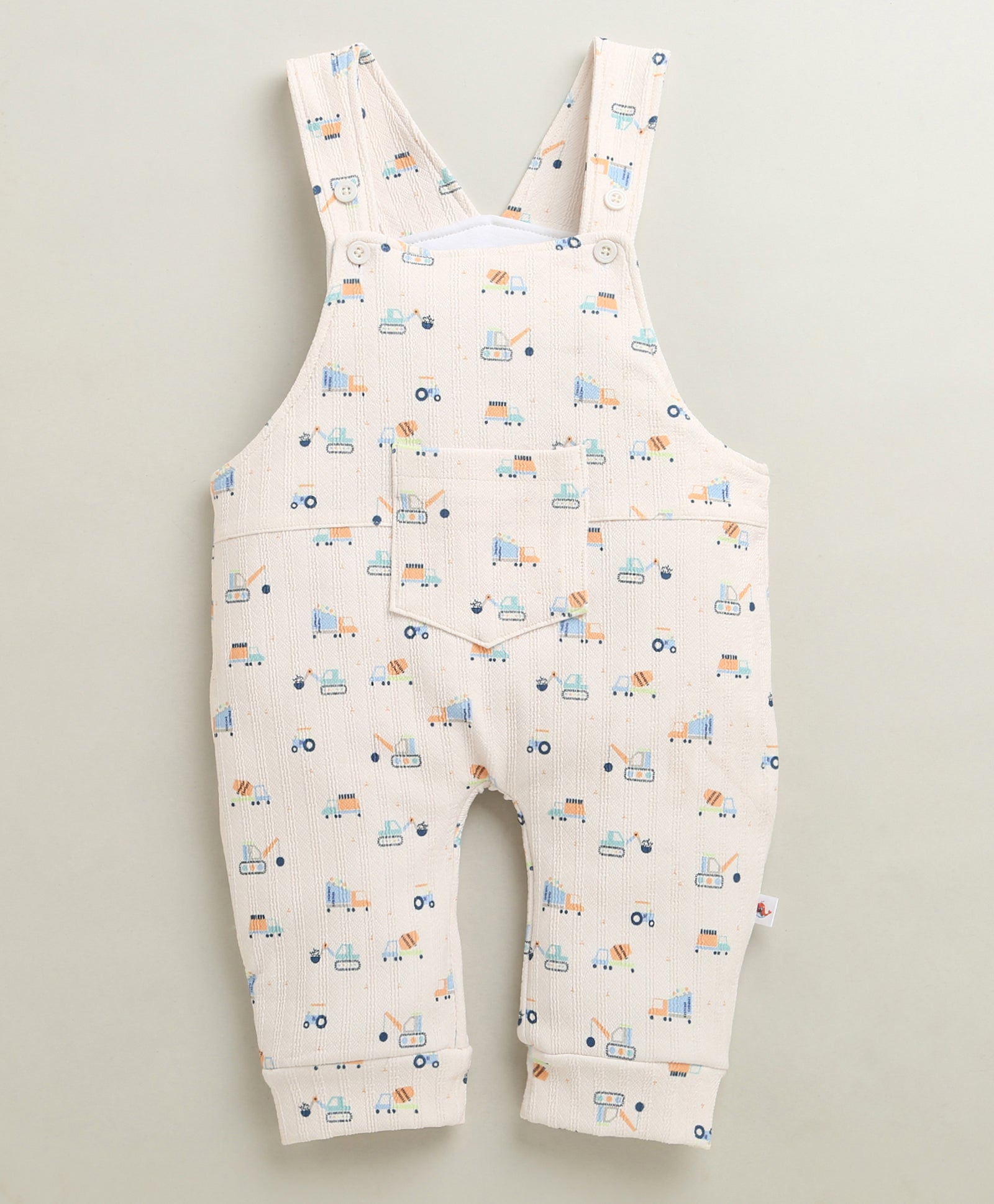 Cream & Sky Blue Boys Full Sleeves Poly Blend Dungaree Set / Romper
