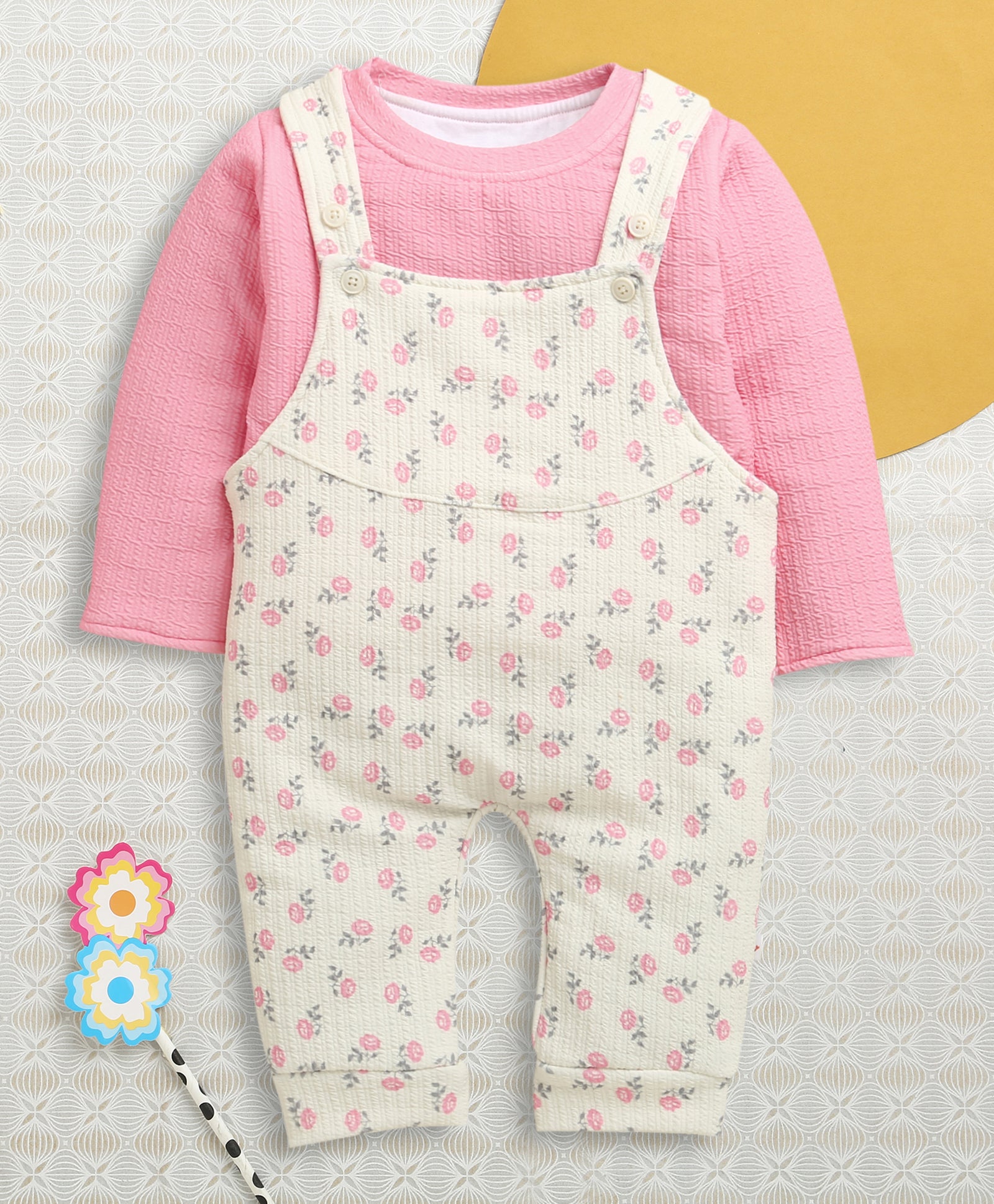 Cream & Pink Girls Full Sleeves Poly Blend Dungaree Set / Romper