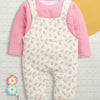Cream & Pink Girls Full Sleeves Poly Blend Dungaree Set / Romper