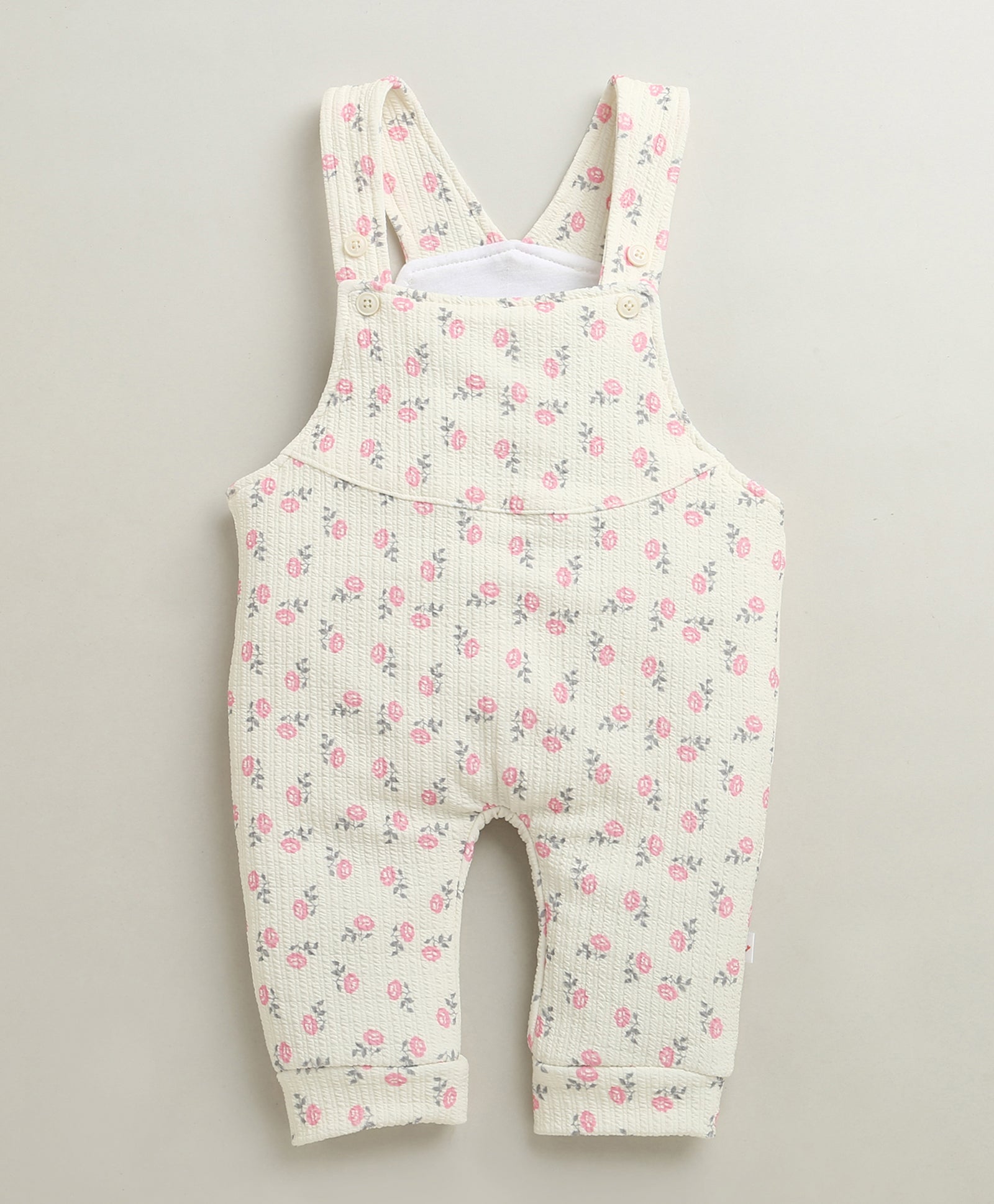 Cream & Pink Girls Full Sleeves Poly Blend Dungaree Set / Romper
