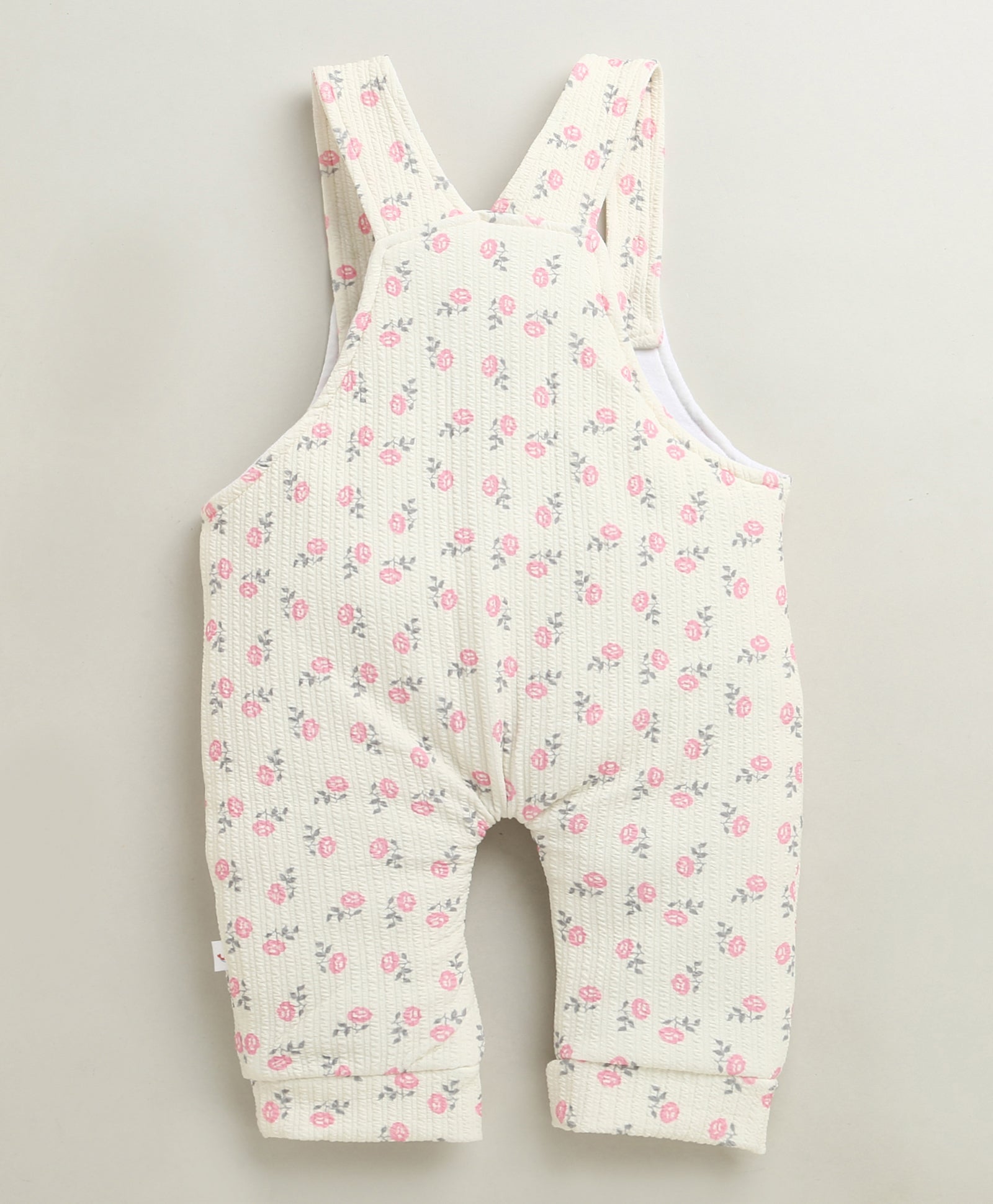 Cream & Pink Girls Full Sleeves Poly Blend Dungaree Set / Romper