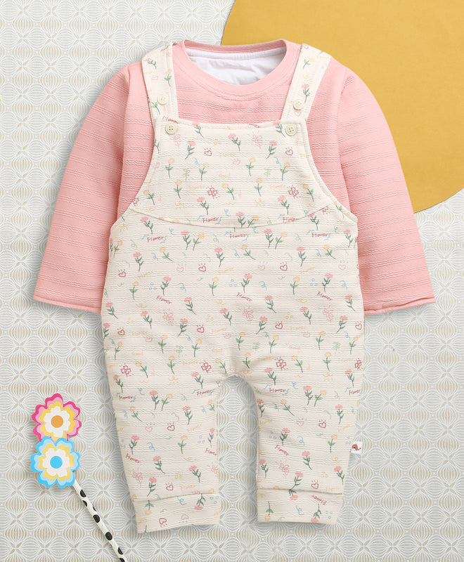 Cream & Peach Girls Full Sleeves Poly Blend Dungaree Set / Romper
