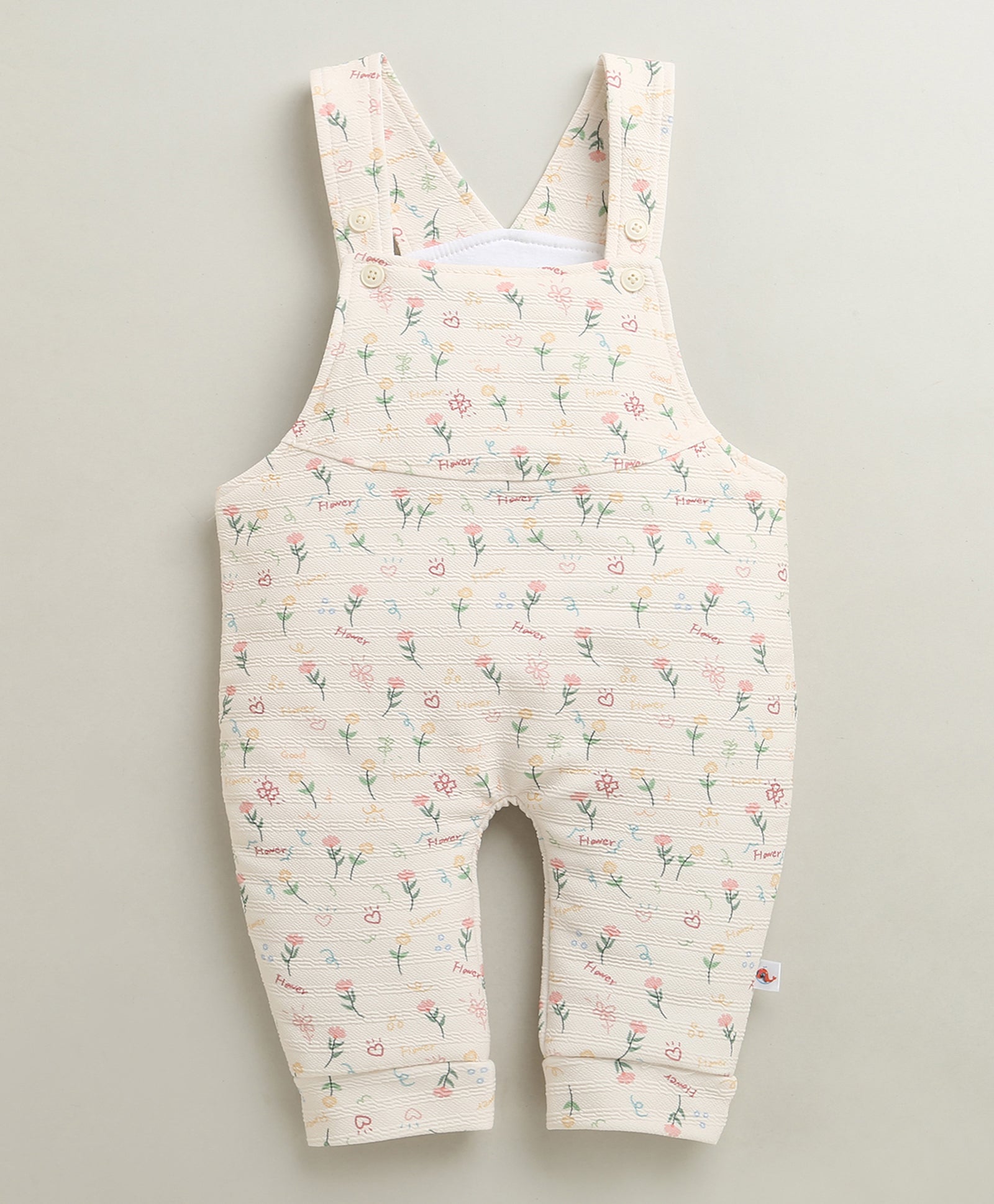 Cream & Peach Girls Full Sleeves Poly Blend Dungaree Set / Romper