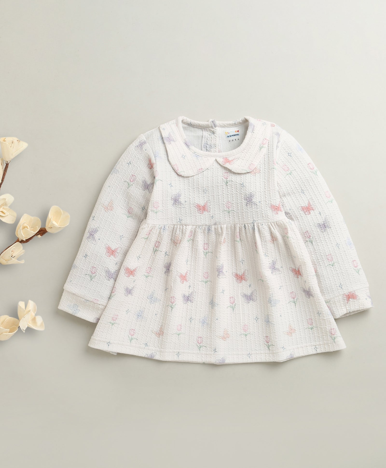 Off White Girls Full Sleeves Poly Blend Frock / Dress