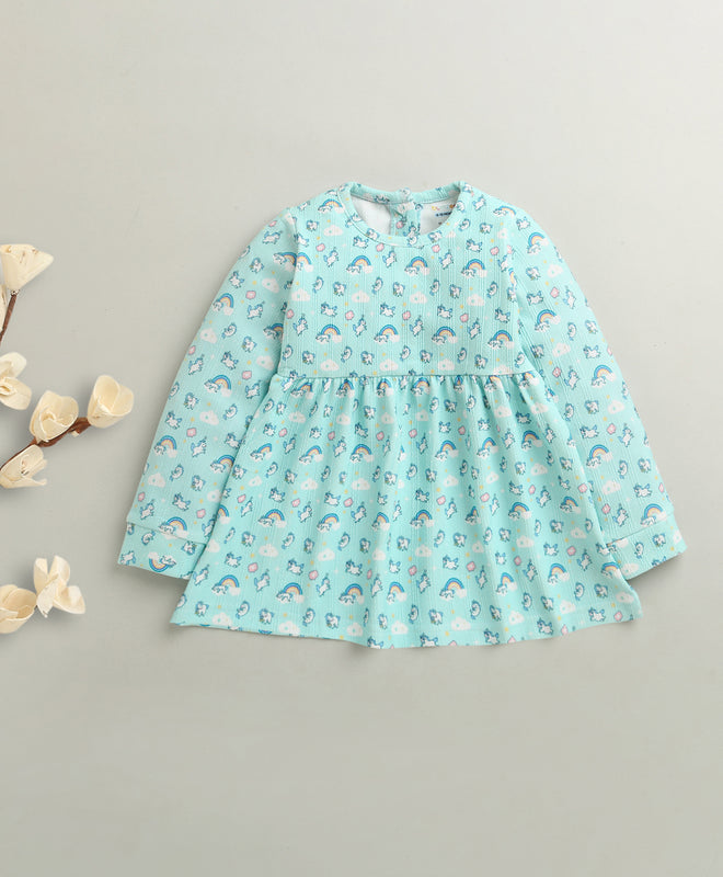 Aqua Blue Girls Full Sleeves Poly Blend Frock / Dress