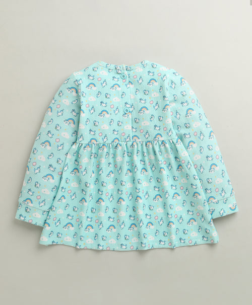 Aqua Blue Girls Full Sleeves Poly Blend Frock / Dress