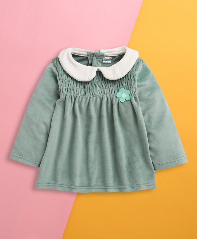 Teal Girls Full Sleeves Poly Blend Frock / Dress