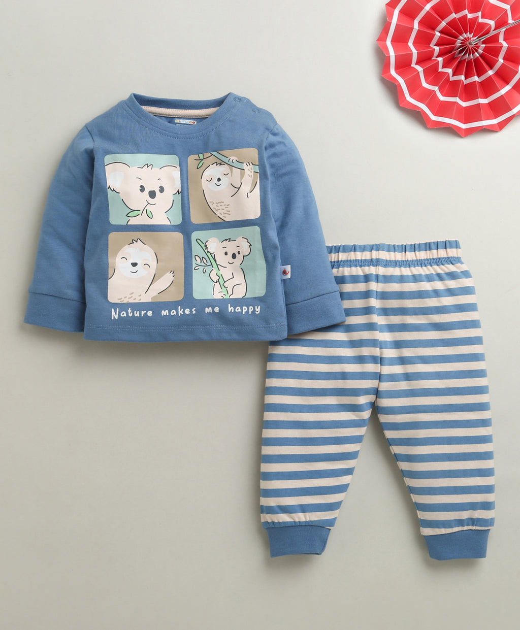 Bumzee Blue & Beige Animal Print T-Shirt & Pyjama Set, Full Sleeves, 100% Cotton
