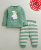 Bumzee Beige & Green Animal Print T-Shirt & Pyjama Set, Full Sleeves, 100% Cotton