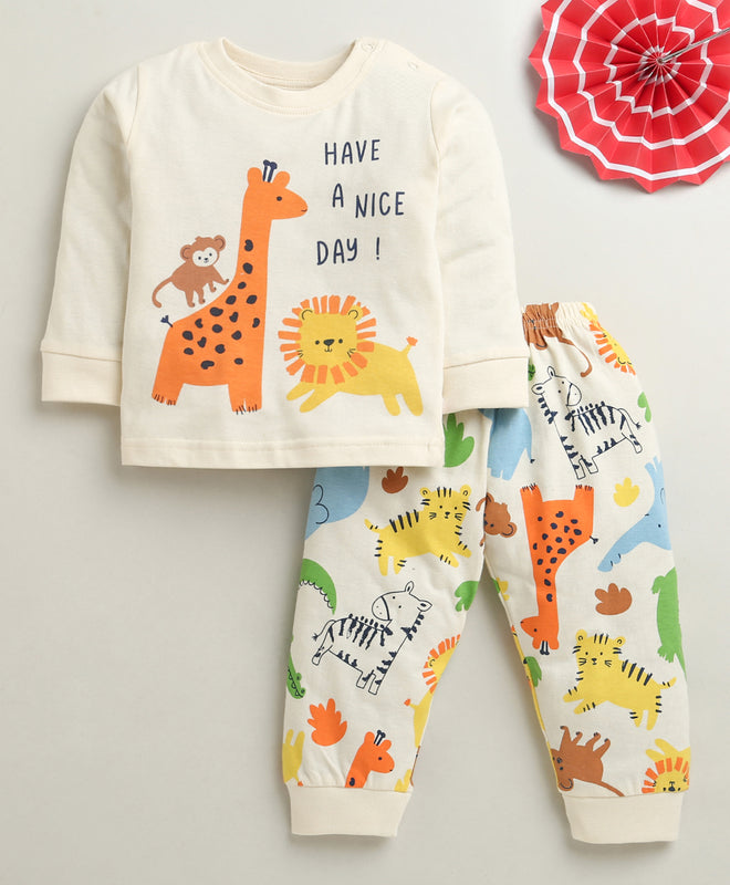Beige Boys Full Sleeves Cotton T-Shirt & Pyjama Set