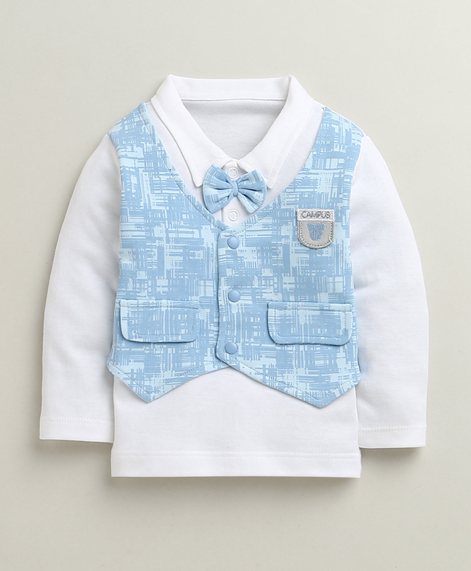 BUMZEE Sky Blue & White Boys Full Sleeves Cotton Formal Set With Attached Waistcoat