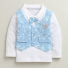 BUMZEE Sky Blue & White Boys Full Sleeves Cotton Formal Set With Attached Waistcoat
