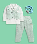 Bumzee Green & White Abstract Print Formal Set, Full Sleeves, 100% Cotton