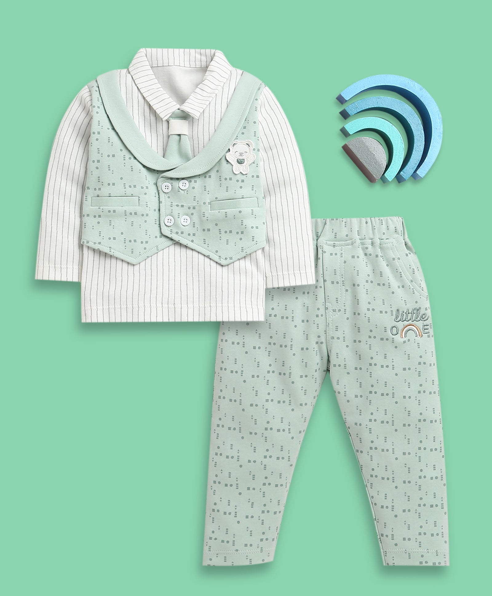 BUMZEE Green & White Boys Full Sleeves Cotton Formal Set With Attached Waistcoat