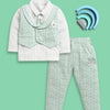 BUMZEE Green & White Boys Full Sleeves Cotton Formal Set With Attached Waistcoat