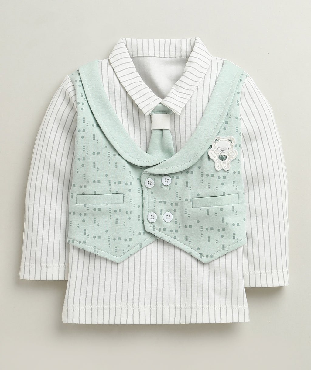 Bumzee Green & White Abstract Print Formal Set, Full Sleeves, 100% Cotton