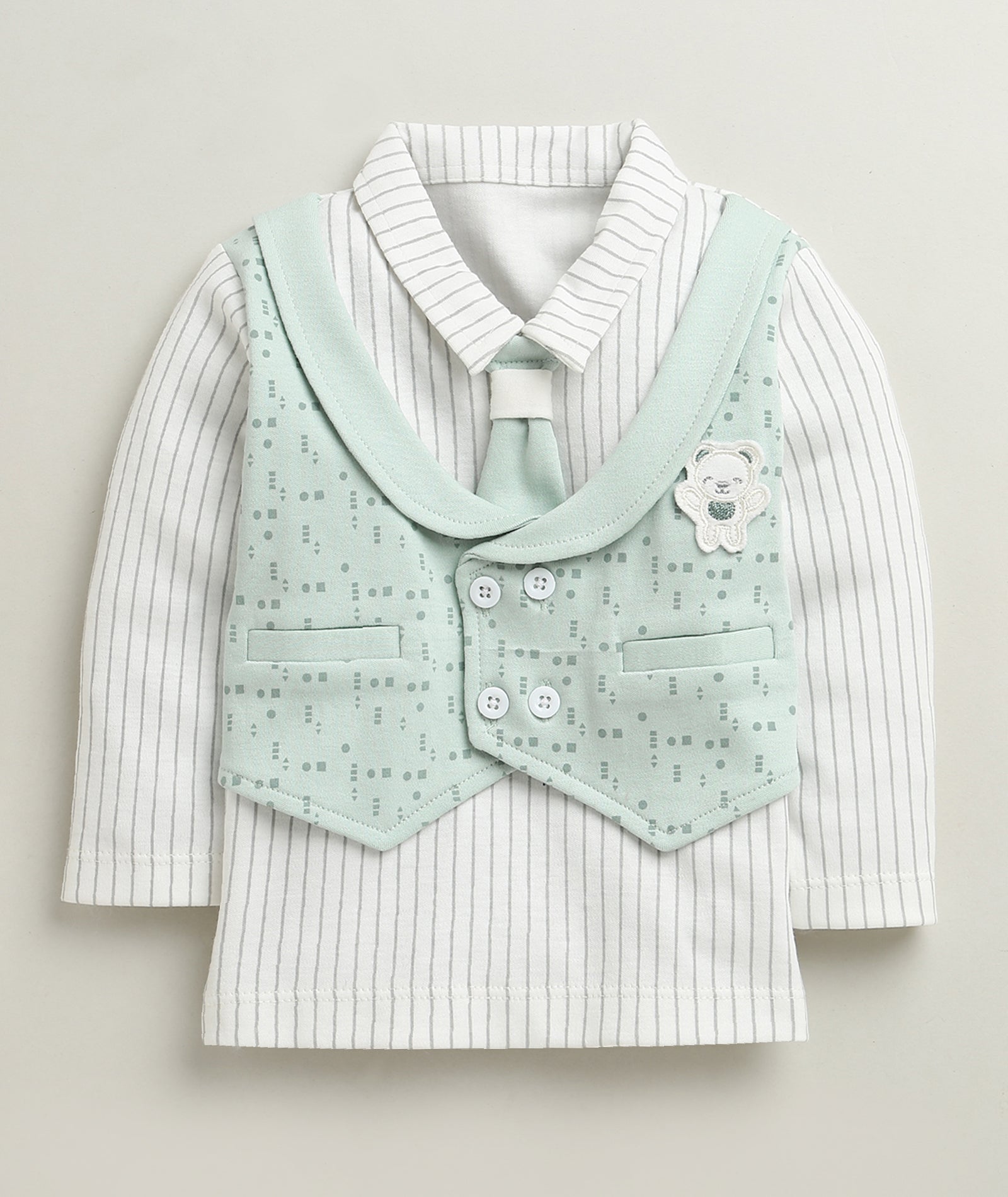 BUMZEE Green & White Boys Full Sleeves Cotton Formal Set With Attached Waistcoat