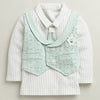 BUMZEE Green & White Boys Full Sleeves Cotton Formal Set With Attached Waistcoat