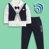 BUMZEE Navy & White Boys Full Sleeves Cotton Formal Set With Attached Waistcoat