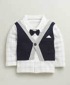 Bumzee Navy & White Checked Formal Set, Full Sleeves, 100% Cotton, Attached Waistcoat