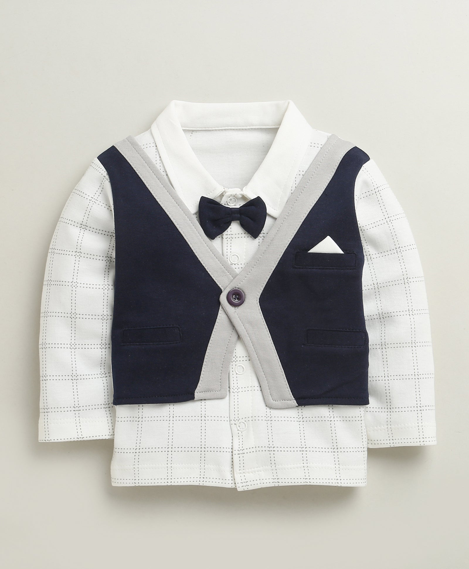 BUMZEE Navy & White Boys Full Sleeves Cotton Formal Set With Attached Waistcoat