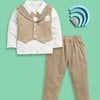 BUMZEE Brown & White Boys Full Sleeves Cotton Formal Set With Attached Waistcoat